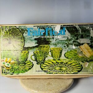 8 Piece Vintage Anchor Hocking Depression Glass Fairfield Green Glass  Snack Set